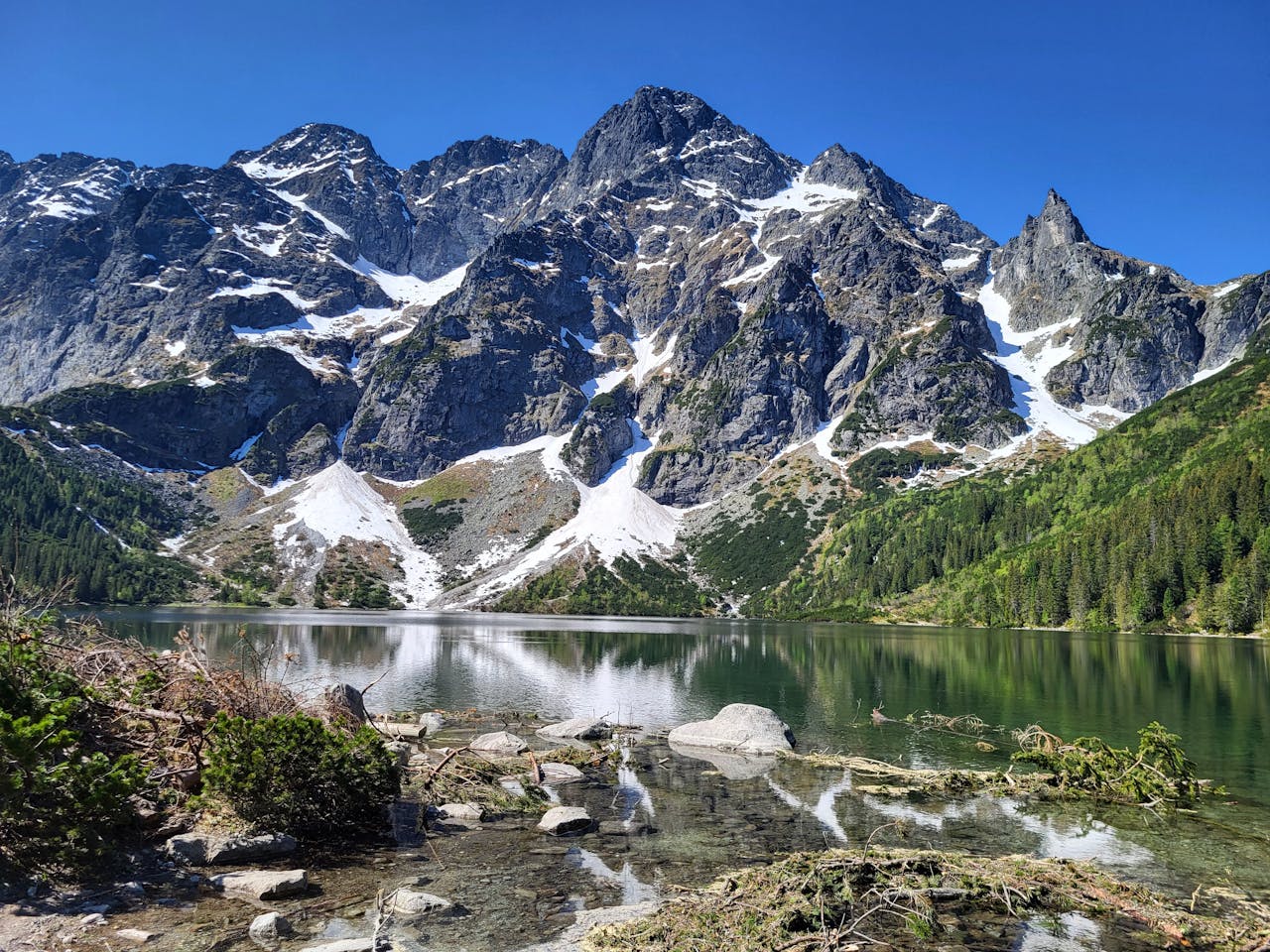 A mountain lake surrounded by snow capped mountains