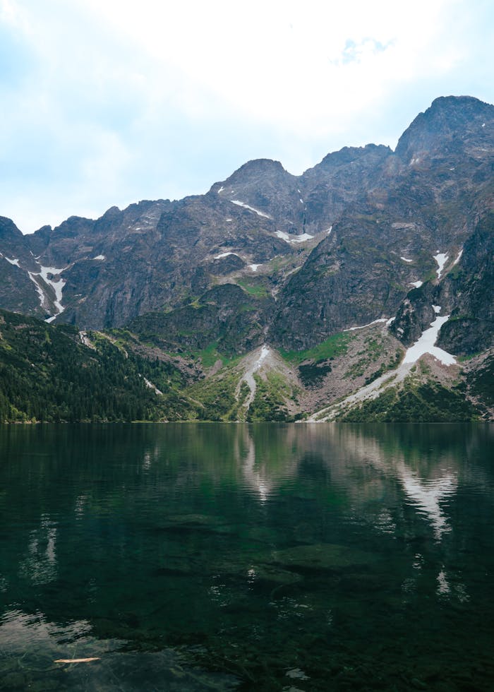 A lake surrounded by mountains and water